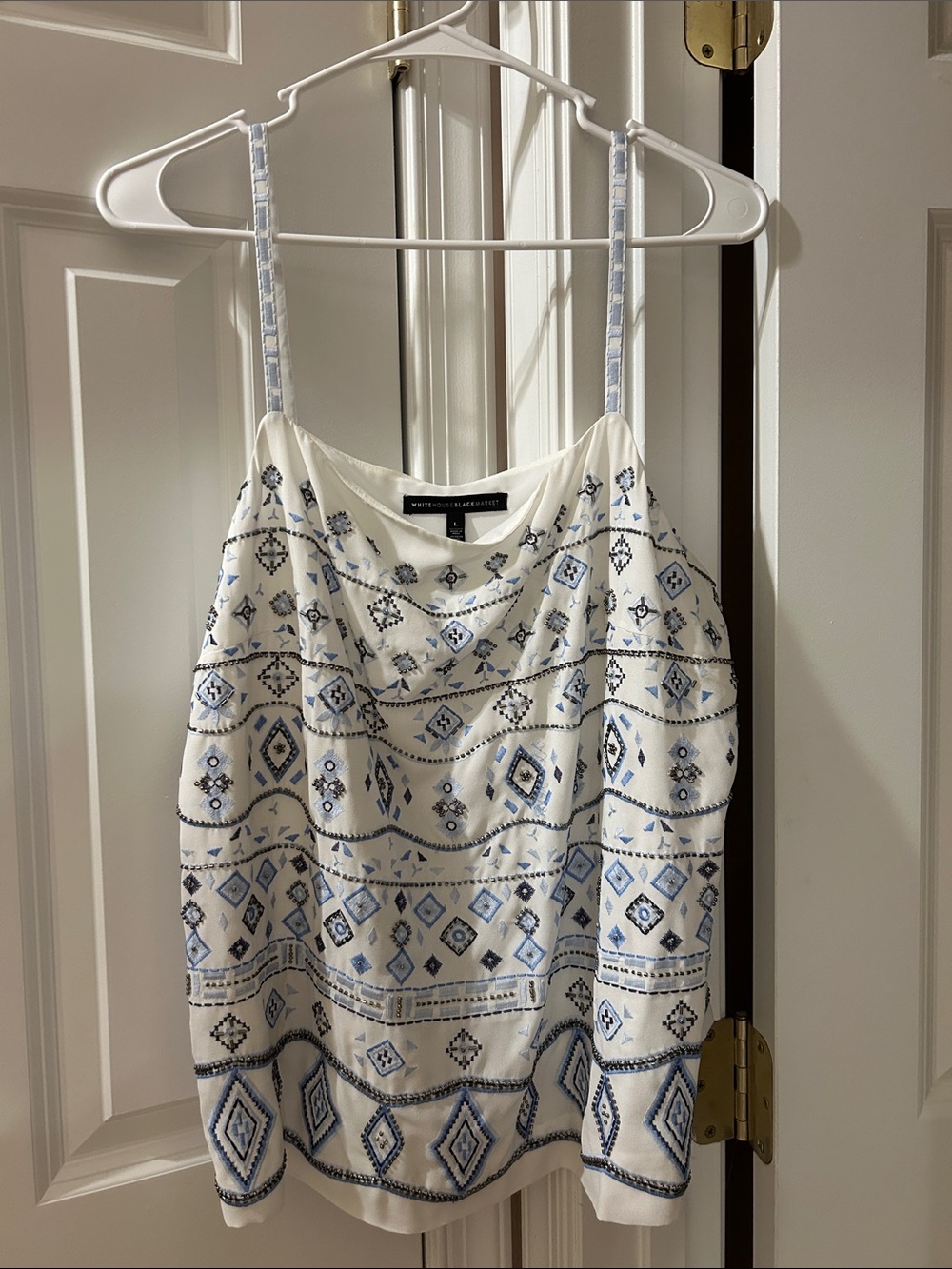 White House Black Market White and Blue beaded and Embroidered Camisole
